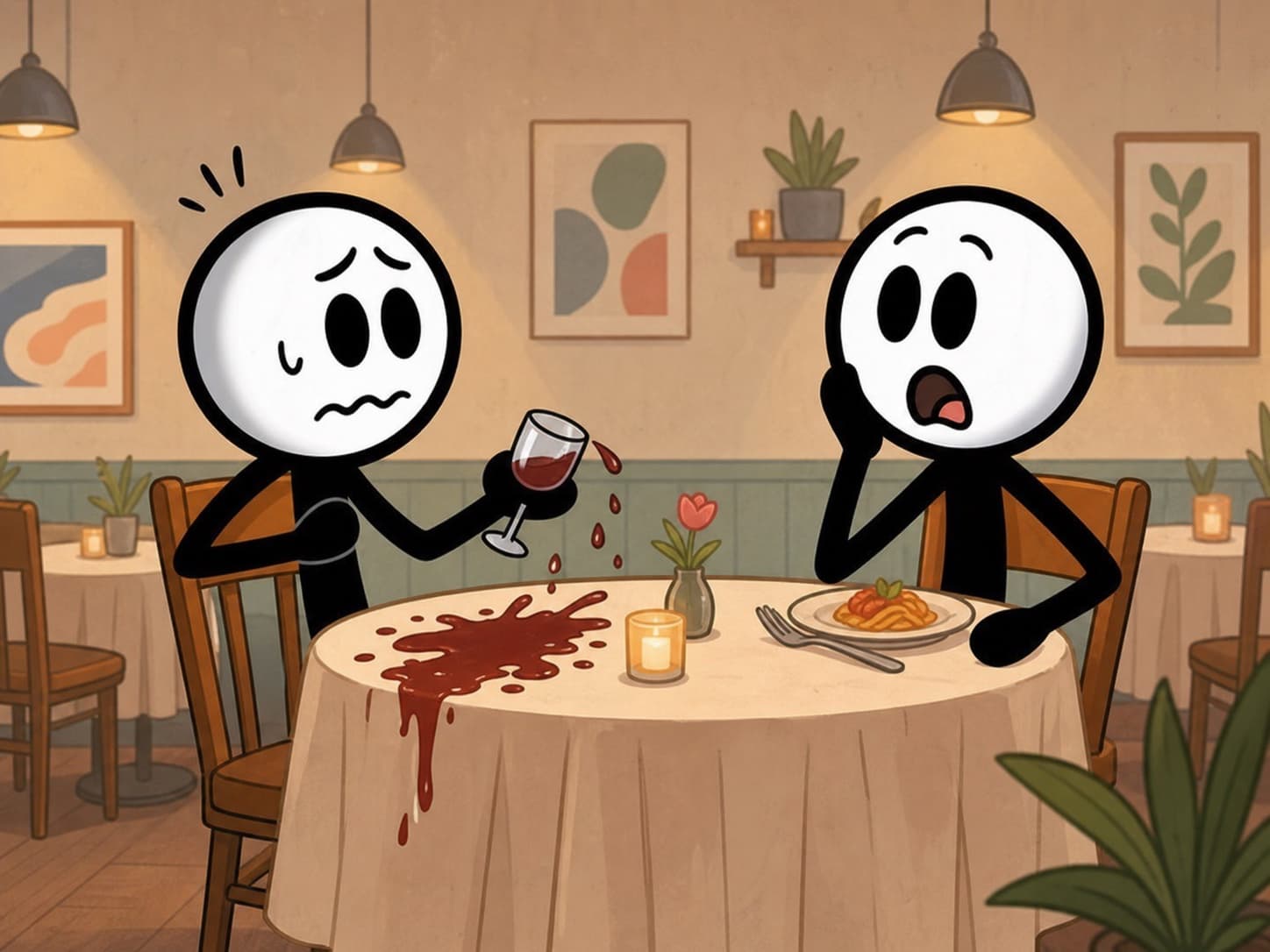 Two expressive stick characters reacting to a spilled drink on a date