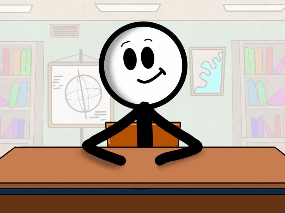 An expressive stick character sitting at a classroom desk